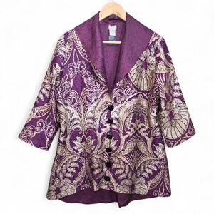 Chicos Travelers Cardigan‎ Womens 0 US Small Purple Crinkle Button 3/4 Sleeve